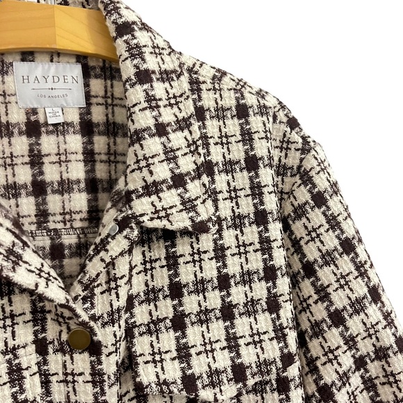 Hayden Los Angeles Boucle Houndstooth Fringe Jacket Shacket Brown Cream Size L - Picture 4 of 10